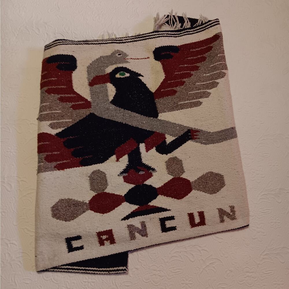 VTG Cancun Mexico Serape Woven Blanket Eagle & Serpent Coat of Arms